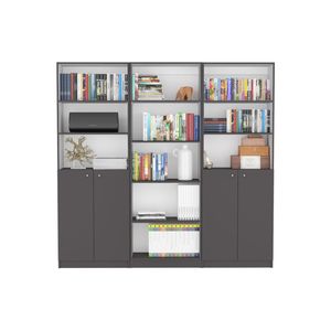 Set di Librerie per Casa in 3 Pezzi, Grigio Opaco/Bianco, Larghezza 188 cm con 11 Ripiani e Due Armadi a Doppia Anta per Soggiorno - Product Image 2