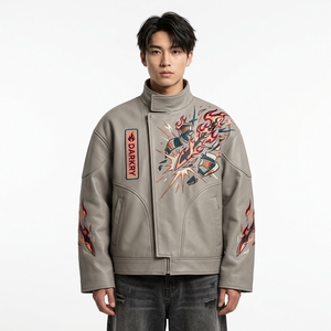 Genuine Leather <b>Jacket</b> <b>Chinese</b> Style Embroidered Flame Pattern Stand Collar Zipper Closure Autumn Wear Regular Fit - Product Image 1