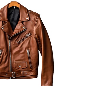Chaqueta de Cuero Genuino para Hombre, Estilo Motero, Color Cognac Marrón, con Cinturón, Chaqueta de Motociclista, Diseño OEM, Cierre Asimétrico - Product Image 3