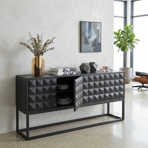 Dice Buffet Black Modern Wooden Credenza <b>Sideboard</b> <b>Storage</b> Cabinet With Geometric Diamond Pattern Carved Facade And Metal Base - Product Image 4