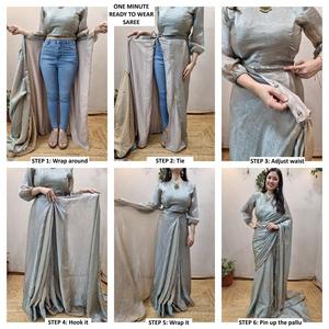 Sari de seda Fendi plateado preconfeccionado y listo para usar en un minuto, con caída fluida y blusa hecha a medida |   Ropa de fiesta de talla única - Product Image 5