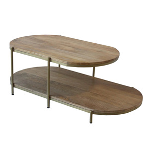 Ensemble de tables basses ovales industrielles modernes, finition dorée, avec plateau naturel, durables et écologiques, pour salon. - Product Image 4