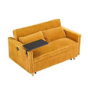 Divano Letto Giallo in Velluto a Coste con Doppia Funzione, Tavolino Estraibile, Porte USB e Design a Scomparsa, Adatto per Ogni Ambiente - Product Image 3