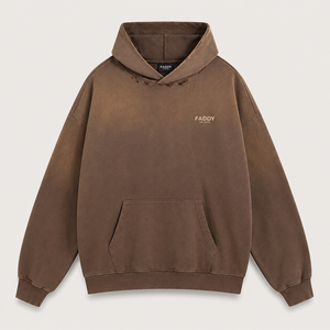 เสื้อฮู้ดดี้โอเวอร์ไซส์สีน้ำตาลมอคค่าสไตล์วินเทจ ผ้าฟลีซหนานุ่ม ขอบดิบ แต่งลายขาดๆ  สำหรับทั้งชายและหญิง  รับสกรีนโลโก้ - Product Image 1
