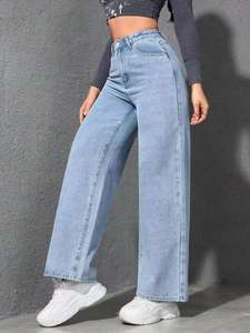 Jeans Anchos de Corte Recto con Bolsillos, Cintura Alta, 100% Algodón, Lavado Ácido - Product Image 4