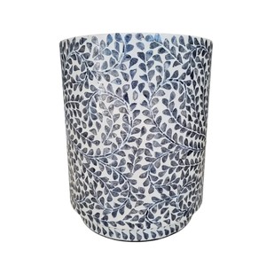 Taburete Redondo Hecho a Mano con Madreperla y Patrón de Hojas Azules, Mueble Otomano Contemporáneo para Sala de Estar - Product Image 3