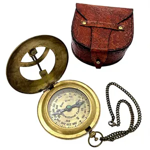 Vintage Brass Sundial Compass with Chain and Leather Case Nautical Maritime Pocket Compass Steampunk Antique Navigation Gift - Product Image 1
