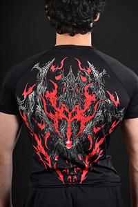 Ensemble de survêtement de yoga personnalisé pour homme, coupe ajustée, avec logo rouge sportif gothique sur le devant, col rond, séchage rapide, coupe régulière, en Spandex/Polyester - Product Image 4