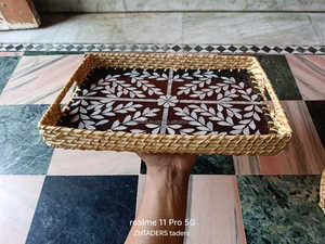 Premium Quality Round Rattan Tray with Mother of Pearl Inlay Artistic Design Perfect for Serving and Gifting from India - Product Image 5
