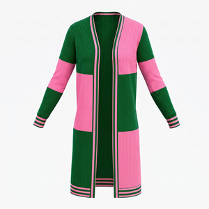 Women <b>Long</b> Sleeve Color Blocked <b>Cardigan</b> Rib Knit Open Front Casual Full <b>Length</b> Green Pink Acrylic Material Anti-Pilling - Product Image 1