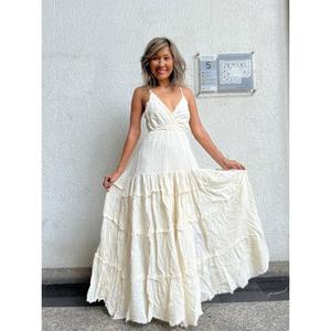 Wholesale Custom Womens <b>Spaghetti</b> <b>Strap</b> Boho Maxi Dress V Neck Tiered Ruffle White Organic Cotton Eco-Friendly Summer Beach Wear - Product Image 1