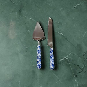 Floral Handle Cake Server <b>Set</b> Metal Blade Dishwasher Safe Wedding Utensils <b>Blue</b> Patterned Design - Product Image 2