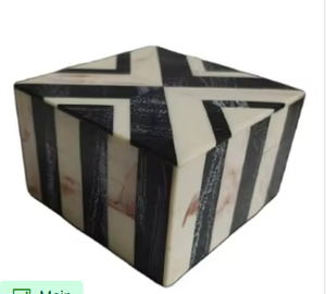Caja decorativa de resina de lujo con incrustaciones de hueso y rayas geométricas en blanco y negro, hecha a mano, para guardar joyas, para cajas de madera. - Product Image 6