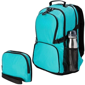 Cheerleading Printed Polyester <b>Backpack</b> Custom Teal Turquoise <b>Black</b> Trim Multi Pocket Buckle Strap Bulk Logo OEM - Product Image 3