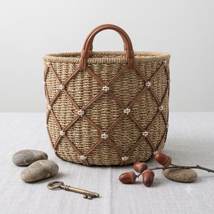 Round Woven Straw Tote Basket with Leather Handle Standing Type Rustic Single Tier Open Top Handmade Carry Basket for Daily Use - Product Image 2