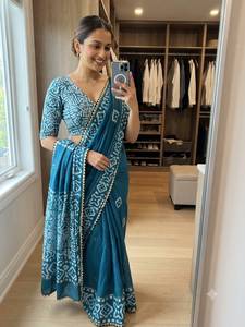 Sari en coton imprimé batik à sequins 6,30 m avec chemisier assorti à séchage rapide pour femme moderne, toutes saisons, tenue décontractée Diwali - Product Image 5