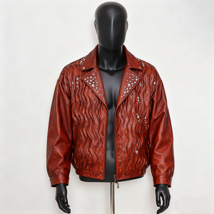 Blouson de motard en cuir PU marron pour homme avec embellissement en cristal, fermeture éclair, col rabattu, coupe courte et ample, style automne - Product Image 2