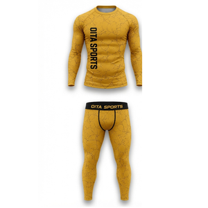 Ensemble de vêtements de sport pour homme, manches longues et leggings, jaune moutarde, performance active, compression, entraînement, fitness, gym, sportswear, athlétique - Product Image 1