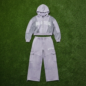Women Washed <b>Cropped</b> Zip Up Hoodie and Wide Leg Cargo <b>Jogger</b> Pants Two Piece Tracksuit Set - Product Image 6