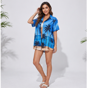 Camisa de Playa Personalizada para Mujer, Estilo Hawaiano, Estampado Tropical, Manga Corta, Abotonada, Holgada, Informal, para Verano, Venta al Por Mayor, OEM - Product Image 1