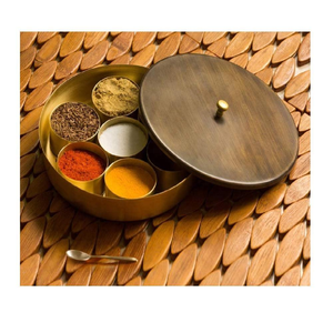 Antique Textured Brass Condiments <b>Box</b> Indian Spice <b>Box</b> Diwali Gift Designer Lid <b>Masala</b> <b>Box</b> 7 Container & 1 Spoon Home Kitchen - Product Image 3