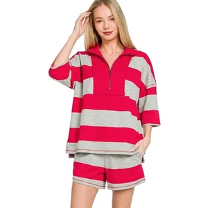 เซ็ตเสื้อครอปซิปครึ่งตัวลายทาง Zenana Frenchterry และกางเกงขาสั้น - Product Image 1