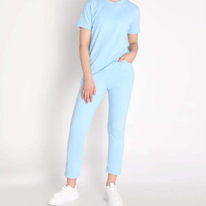 Women's 2 Piece <b>Knitted</b> <b>Set</b> Light Blue Crew Neck Short Sleeve Solid Color Casual Seasons Regular Fit Breathable Cotton Pants - Product Image 6