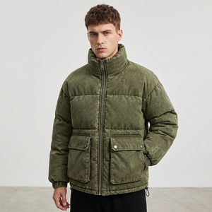 <b>Mens</b> Olive <b>Green</b> Acid Wash Puffer <b>Jacket</b> Quilted Warm Zip Up High Collar Multi Pocket Winter Outerwear - Product Image 1
