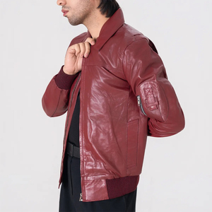 Chaqueta de Cuero Estilo Bomber Color Granate para Hombre Icon by Gilani - Chaqueta de Cuero Estilo Bomber Color Granate - Product Image 3