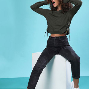 Haut court moulant à col profond pour femme, manches longues, look unique, tenue tendance, t-shirt basique à manches longues pour femme - Product Image 4