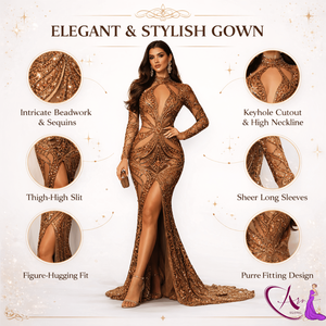 Robe de soirée sirène de luxe marron à sequins, robe longue à manches longues de créateur |   Robe de soirée élégante haut de gamme pour femmes, mode féminine de qualité supérieure - Product Image 5