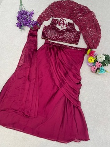 Sari de soirée bordeaux le plus vendu avec broderies et sequins, entièrement cousu, sari ethnique de créateur pour femme - Product Image 6