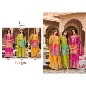 Impresión digital de Chinon pesado con trabajo de bordado intrincado en el traje de plazzo - Product Image 4