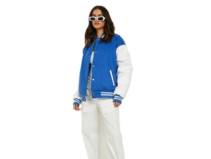 Trendy Women's Varsity <b>Jacket</b> PU Leather Sleeve Letter A Front Turn-down Collar Full Sleeve Autumn Style - Product Image 6