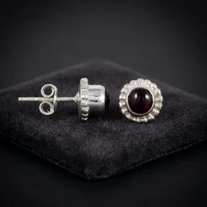 Bohemian 925 Silver Natural <b>Garnet</b> Stud <b>Earrings</b> Flower Shape Bezel Setting Women's Everyday Wear Jewelry - Product Image 4