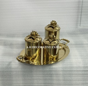 Ensemble de 3 boîtes à thé en laiton martelé doré de luxe avec plateau de service, pots de rangement décoratifs pour le sucre, le café et le thé - Product Image 4