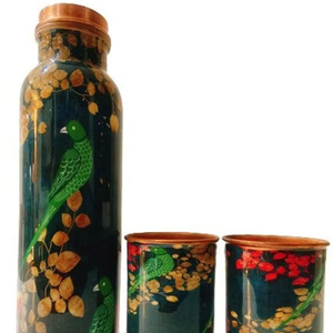 Juego de recipientes para agua de cobre puro al mejor precio, hechos a mano con diseño de pájaros pintados, para almacenamiento de agua, uso en yoga y salud, y combinación de botella. - Product Image 1