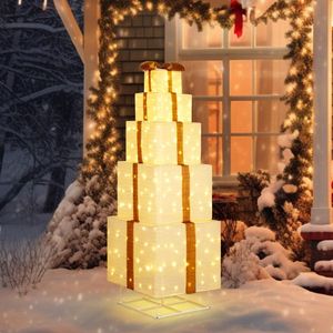 6FT Pre-Lit Pull-Up Gift Box Tower with 200 LED Warm White Lights Christmas Outdoor Christmas Lights with Ropes and Stakes - Product Image 1