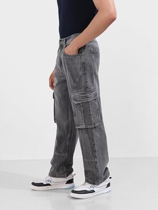 Jean ample gris délavé pour homme, 100 % coton, denim mi-lourd, coupe large, écologique, résistant à la décoloration, style décontracté, avec poches - Product Image 3
