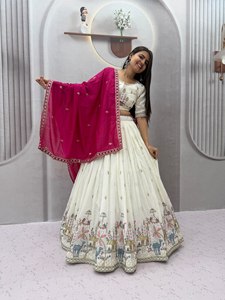 Ensemble Lehenga Choli brodé de fleurs blanches, mélange de soie, tenue traditionnelle indienne avec dupatta rose pour mariage ou fête - Product Image 3