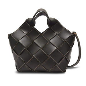 Black <b>Leather</b> <b>Woven</b> Tote <b>Bag</b> with Embossed Design Tatami Stitches Top Handle and 80g Fabric - Product Image 1