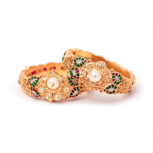 Mahalekshmi Kada <b>Bangles</b> 2x6-Ethnic Jade & <b>Copper</b> Bracelets with Pearl Accents - Product Image 2
