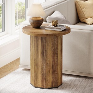 Table d'appoint ronde en bois de manguier artisanale Aqdus Saleem, minimaliste, durable, avec incrustation de marbre - Vente en gros - Product Image 3