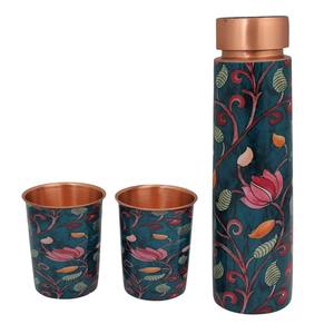 Botella de Agua de Cobre con Estampado Floral de Hojas Oscuras, Diseño Natural Multicolor Teal, Tapa Antiderrames, Reutilizable para Uso Diario - Product Image 1