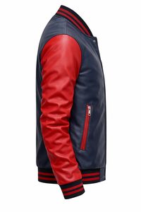Men's Two Tone Genuine Leather Varsity <b>Jacket</b> Color Blocking <b>Zipper</b> Closure Casual Winter Breathable Windproof Streetwear - Product Image 5