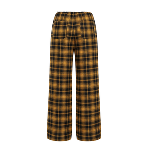 <b>Womens</b> Winter High-Waisted Loose Mustard Yellow <b>Black</b> Plaid Wide Leg Lounge <b>Pants</b> White Elastic Waistband Drawstring Side - Product Image 2