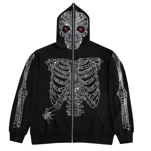 Sudadera con capucha con cremallera para hombre, con diseño de máscara de calavera de ojos rojos y pedrería, estilo streetwear 2026, negra, oversize, Y2K, con gráfico completo de esqueleto y efecto brillante - Product Image 3