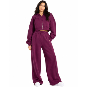Conjunto de 2 piezas de sudadera corta con capucha y pantalones de chándal de pierna ancha para mujer, de forro polar, informal, de manga larga, color liso, ajuste holgado - Product Image 6