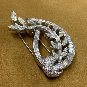 Art Deco Marquise & Baguette Moissanite Diamond14k Gold Plated <b>Silver</b> Leaf <b>Spray</b> Wedding Brooch Unique Brooch For Women & Men - Product Image 3