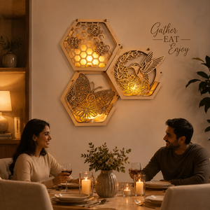 Laser Cut Hexagon <b>Wall</b> Light | Wooden LED <b>Wall</b> Lamp | Nature Inspired Decorative <b>Wall</b> <b>Sconce</b> | Butterfly & Hummingbird Wooden - Product Image 4
